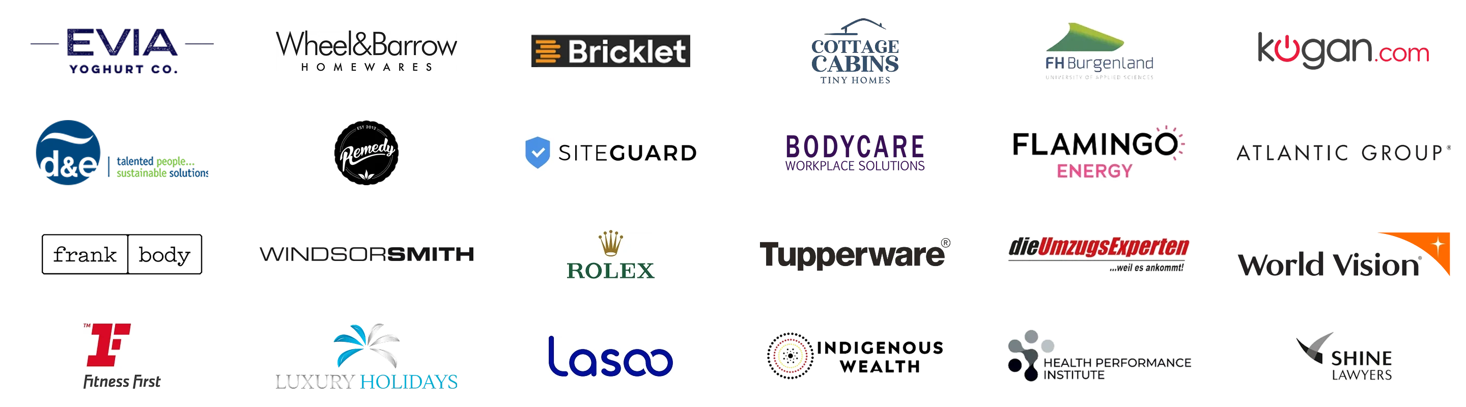 Kunden der First Page Gruppe, darunter Evia Yoghurt Co., Wheel & Barrow Homewares, Bricklet, Cottage Cabins, FH Burgenland, Kogan, D&E, Remedy, SiteGuard, Bodycare, Flamingo Energy, Atlantic Group, Frank Body, Windsor Smith, Rolex, Tupperware, die Umzugsexperten, World Vision, Fitness First, Luxury Holidays, Lasoo, Indigenous Wealth, Health Performance Institute, Shine Lawyers