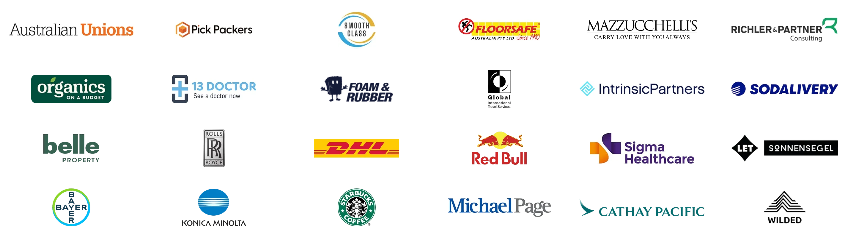 Kunden der First Page Gruppe, darunter Australian Unions, Floorsafe, Mazzucchelli's, Organics on a Budget, 13 Doctor, Richler & Partner, Foam & Rubber, Intrinsic Partners, Belle Property, Sodalivery, Rolls-Royce, DHL, Red Bull, Sigma Healthcare, Bayer, LET Sonnensegel, Konica Minolta, Starbucks, Michael Page, Cathay Pacific, Spencer Travel, Wilded