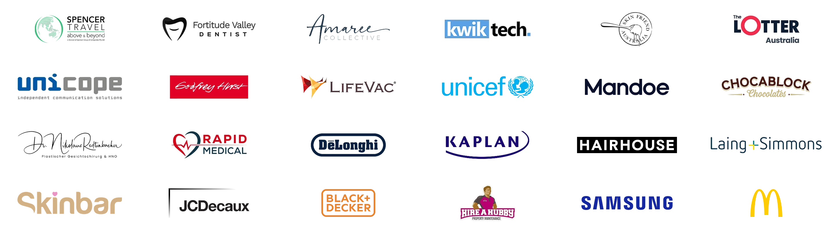 Kunden der First Page Gruppe, darunter Fortitude Valley Dentist, Kwiktech, Lotter Australia, Gatsby Hair, LifeVac, UNICEF, unicope, Mandoe, Chocablock, Rapid Medical, Dr. Nikolaus Redtenbacher, De'Longhi, Kaplan, Hairhouse, Laing+Simmons, Skinbar, JCDecaux, Black+Decker, Hire a Hubby, Samsung, McDonald's